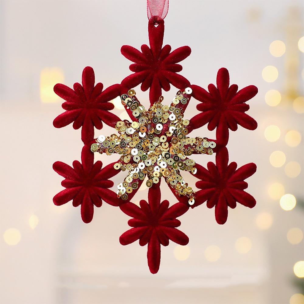 Wine Red Christmas Tree Pendant Glitter Bow Gold Sequin Snowflake Elk Hanging Ornaments Ice Bar Knot Girl Xmas Tree Pendant