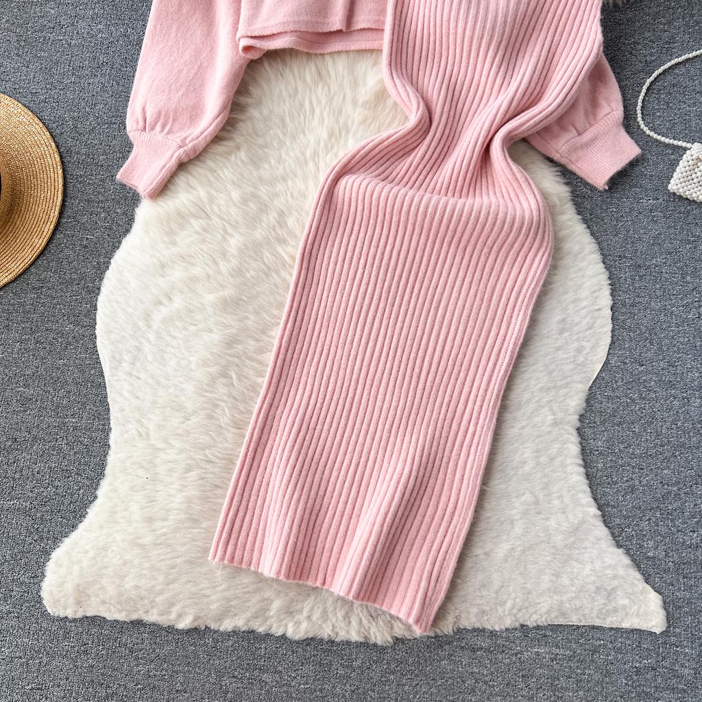 Осень-зима женский элегантный вязаный свитер комплект из двух предметов женский тонкий облегающее платье-футляр и пуловер с бисером топы костюм