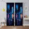 Город Ночной Вид Здание 3D Печать Шторы Гостиная Кабинет Спальня Затемняющие Шторы Высокое Качество Черный Шелковый Материал 2 Шт.