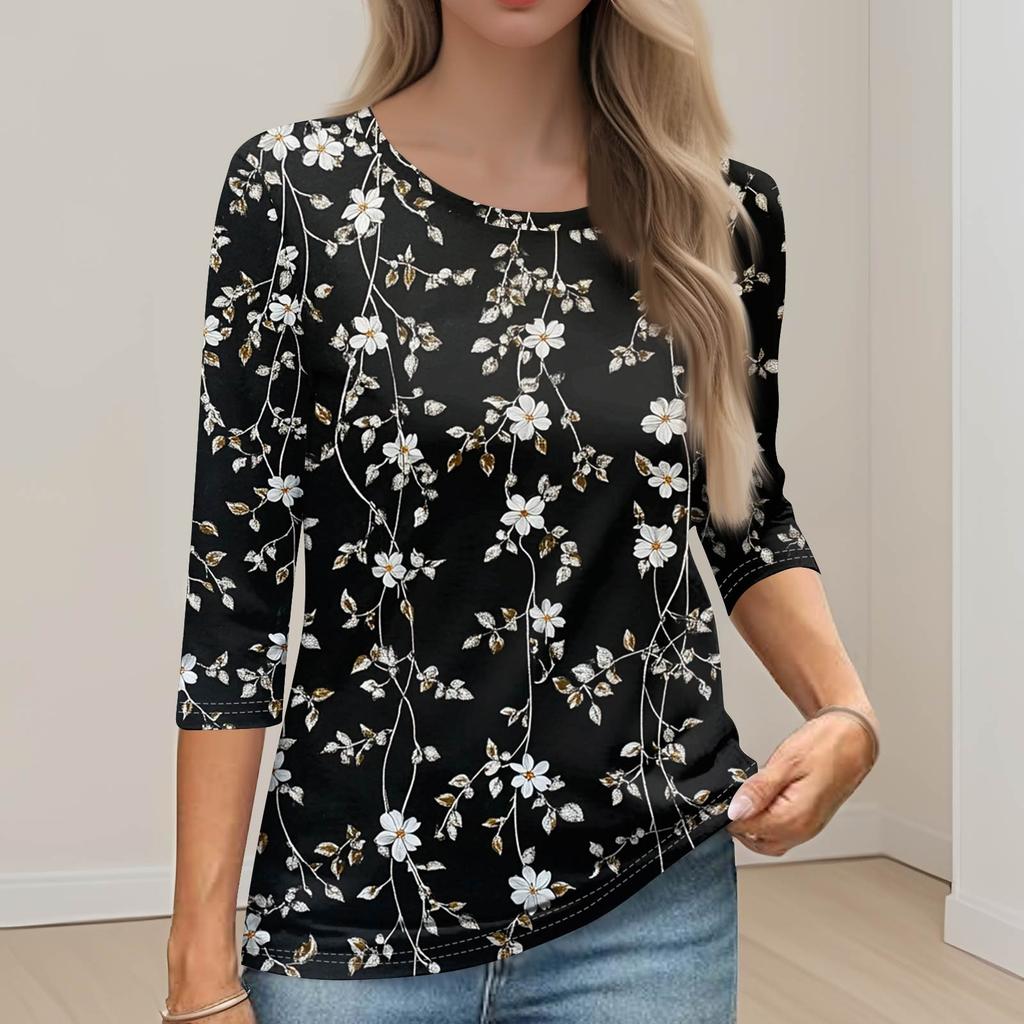 Women's Fashion Casual Round Neck 3/4 Sleeve Loose Printed T-Shirt Ladies Top