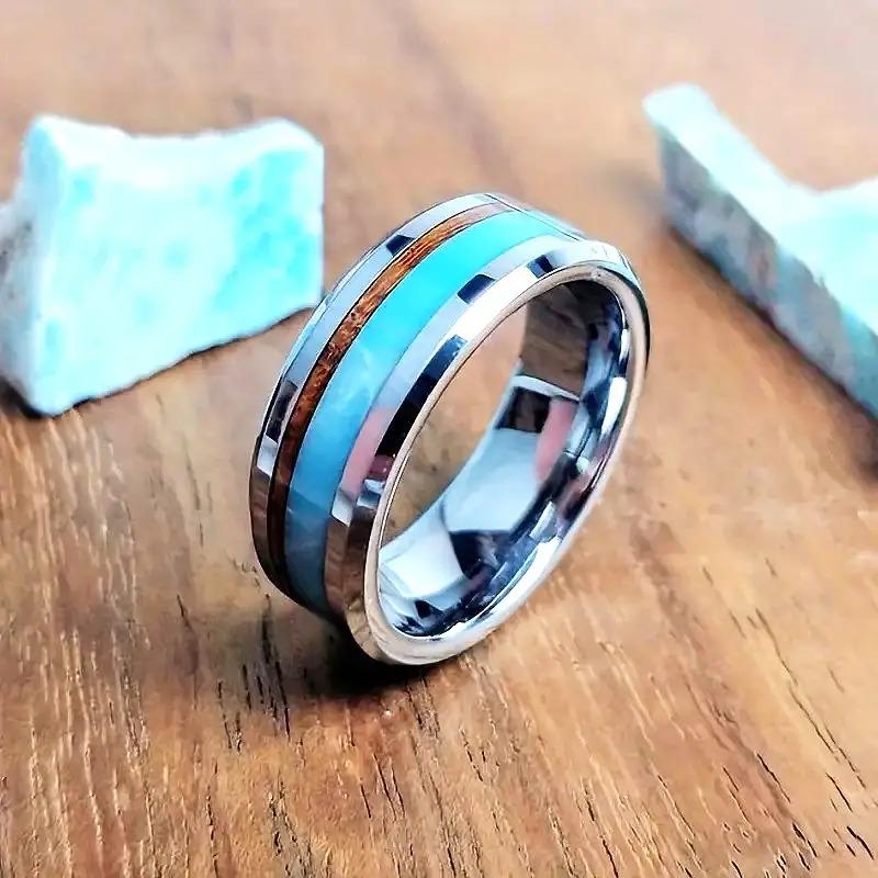 Fashion 8mm Men Stainless Steel Rings Inlay Blue Faux Turquoise Wood Rings For Men Women Wedding Engagement Band Jewelry Gift