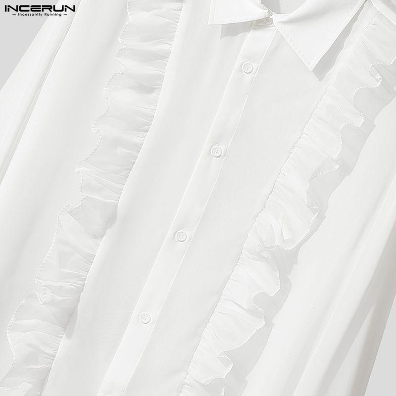 INCERUN Мужские рубашки оверсайз с лацканами, длинными рукавами, рюшами, прозрачные, для вечеринок, клубов, свободного кроя