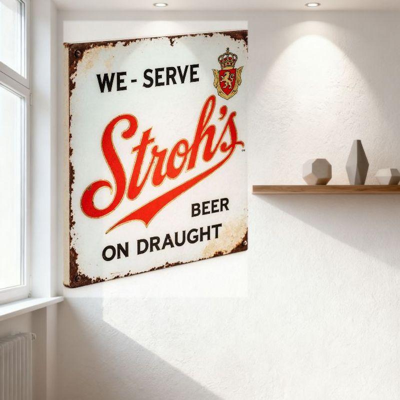 Винтажная металлическая вывеска пива Stroh's на розлив, прямоугольная жестяная вывеска с выветрившимися ржавыми краями, с жирным текстом и гербом, для стены бара паба D