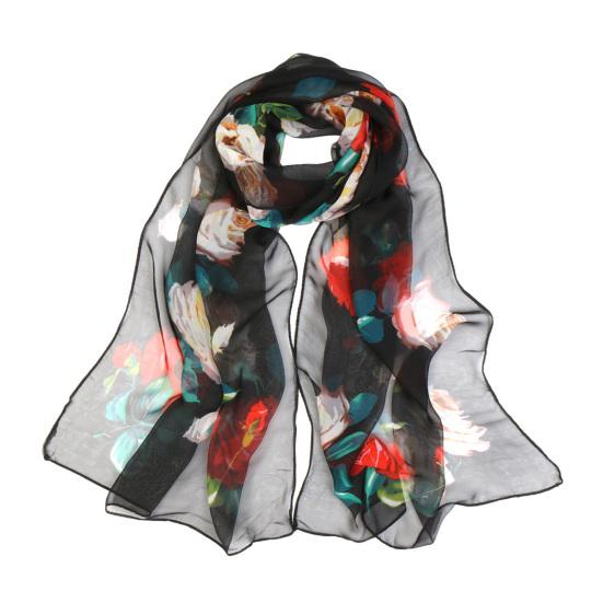 Women Faux Silk Scarf Flower Print Long Soft Scarf Sun Protection Beach Travel Outdoor Lightweight Shawl