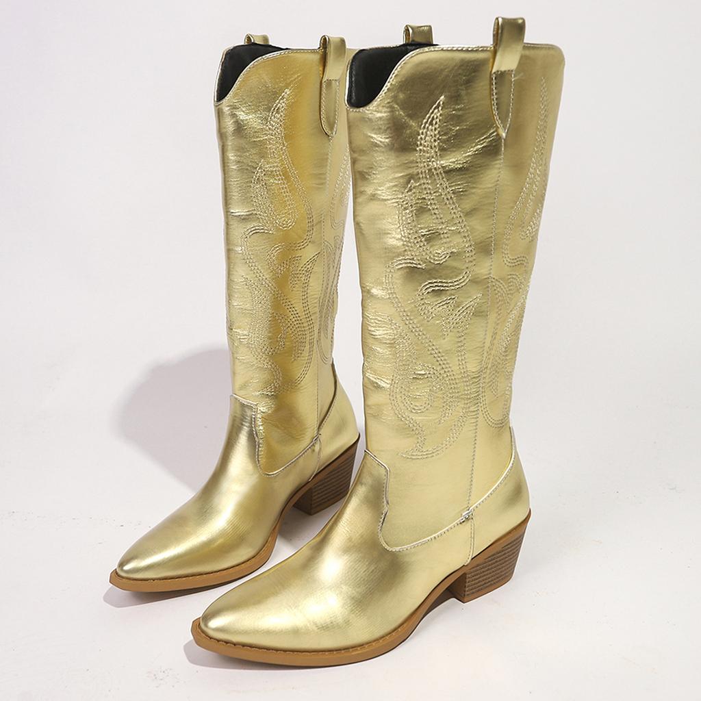 Fashion Autumn New Metallic Silver Gold Cowboy Boots Women Shoes Chunky Heels Plus Size Slip On Mid-Calf Music Festival Cowgirls Boots