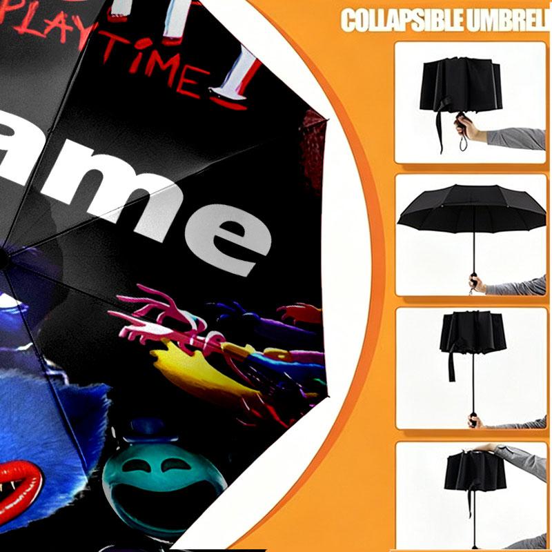 Custom Name Personalized Poppy Playtime Print Umbrella, Auto Open Close, 8‑Rib Sturdy Frame, Commute Camping Hiking Use, Birthday Gift
