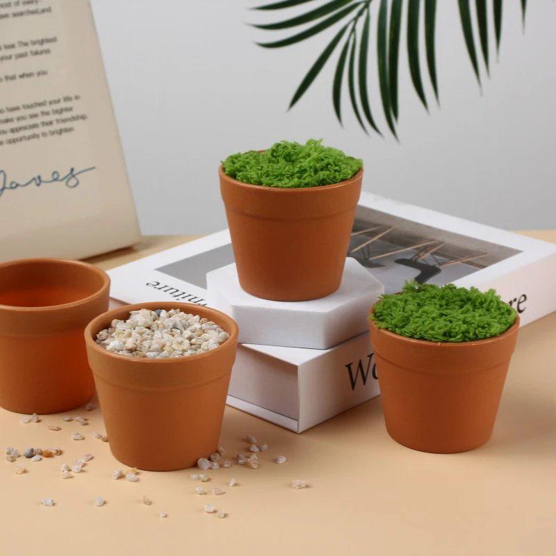Mini Potted Plant: Handmade White Anti-Fall Ceramic-Style Flower Pot with Crochet Design and Artificial Lawn.