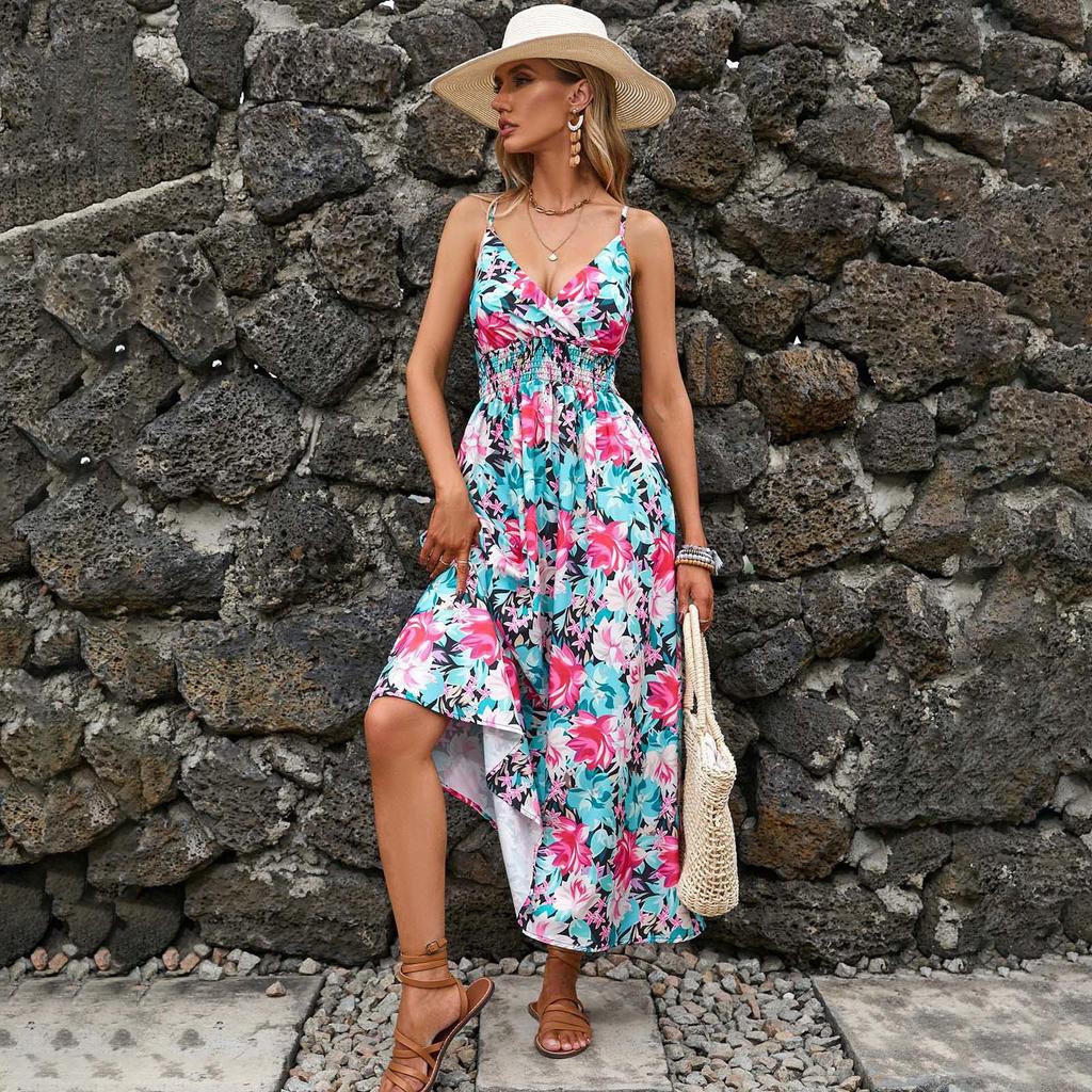 Женское летнее платье без рукавов с этническим принтом и высокой талией на шнуровке