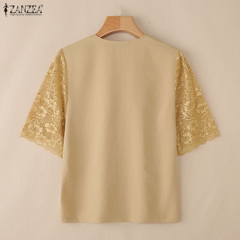 ZANZEA Женская повседневная блузка с V-образным вырезом, свободного кроя, со вставками из кружева, с рукавами 3/4