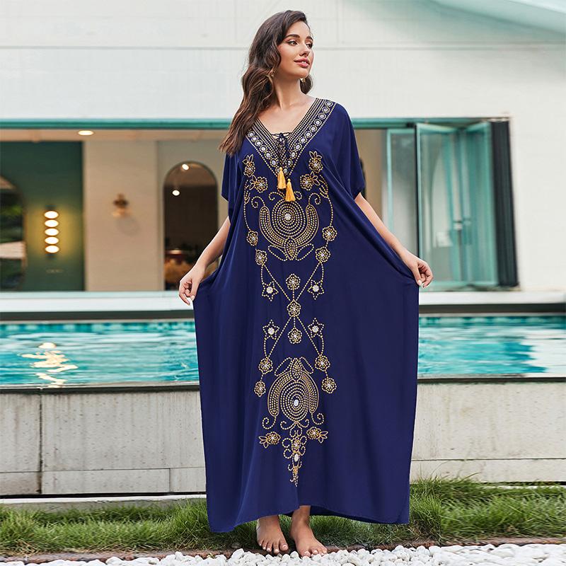 EDOLYNSA Sexy Kaftan Dress Women Plus Size Beach Wear 2023 Bohemian Tie Dye Striped Bikini Cover-ups Long Tunic Swim Suit Cover Up Q1517