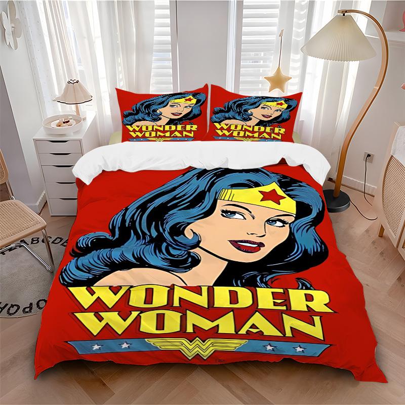 3pcs Wonder Woman Bedding Set, Soft Polyester Duvet Cover and Pillowcases Machine Washable Seasons all suitable & Guest Room Decor282