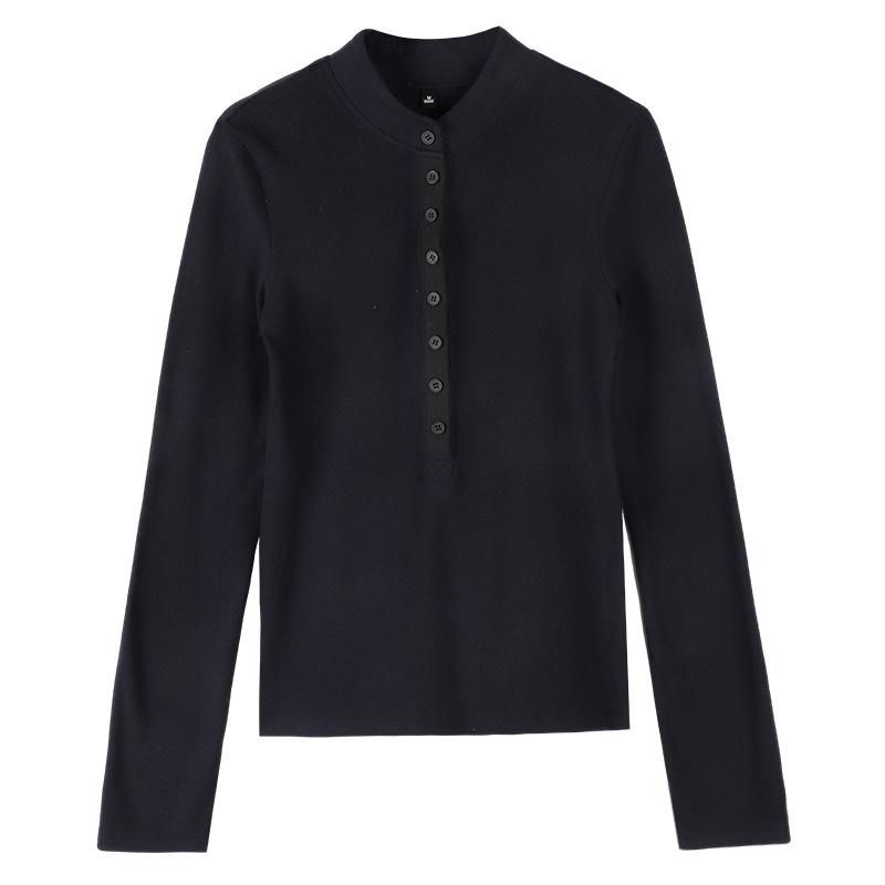 Женский топ хенли с длинным рукавом на осень 2025 года - Приталенный трикотаж с деталями на пуговицах