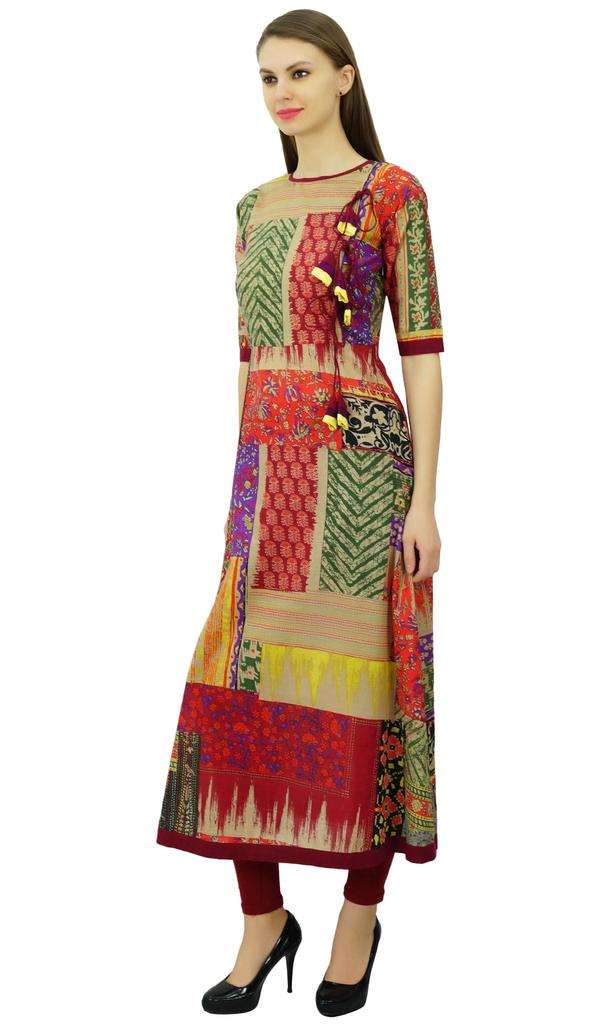 Phagun Длинное платье-трапеция из хлопка с принтом, расклешенная туника-курта