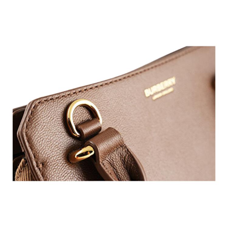 Burberry Brown Leather Mini Tote Handbag With Vintage Check Side Panels For Daily Use