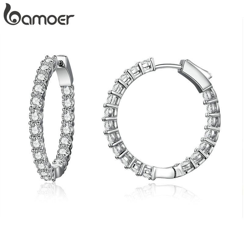 BAMOER Classic New Silver Color Round Circle Luminous Cubic Zirconia Stud Earrings
