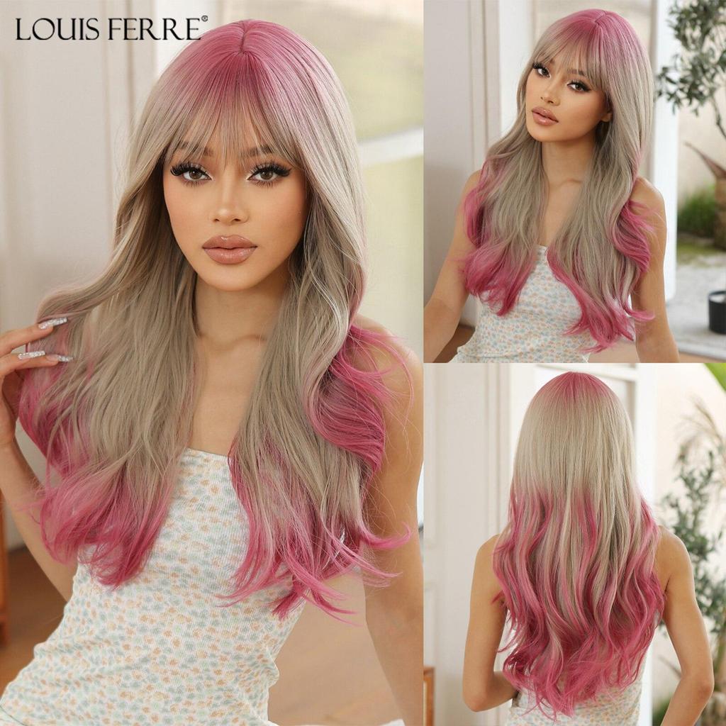 LOUIS FERRE Длинные волны Ombre, черные, синие парики с челкой для чернокожих женщин, натуральный синтетический парик для вечеринок, повседневный термостойкий парик