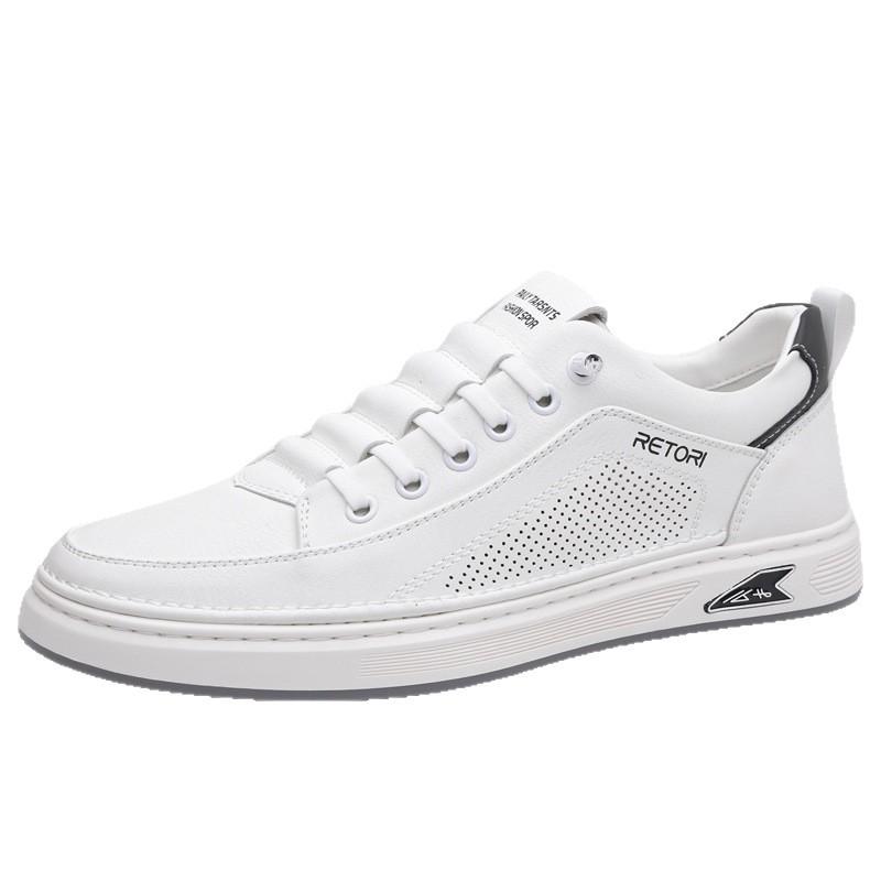 2025 New Summer Breathable Casual Leather Shoes Men's Flat Shoes Hollow Leather White Shoes