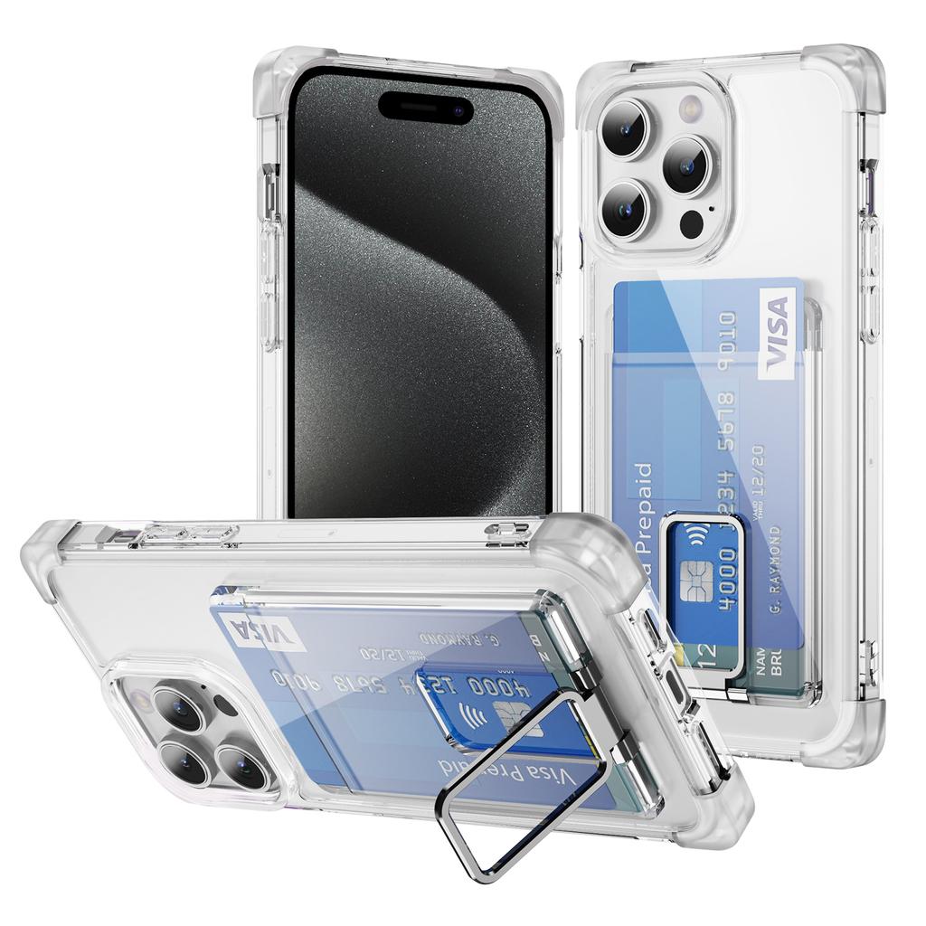 Shockproof Acrylic Card Slot Holder Clear Phone Case for iPhone 15 14 13 12 11 Pro Max 15Plus 14Plus Metal Kicstand Bumper Cover