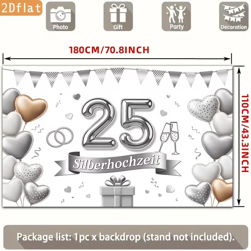 2D 25th Silver Wedding Backdrop, Silberhochzeit Themed Party Photography Background Banner