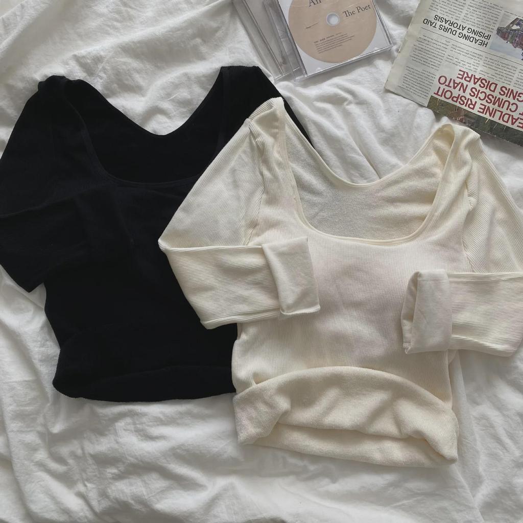 Женский облегающий топ из бархата с начесом и U-образным вырезом, длинными рукавами, для осени и зимы