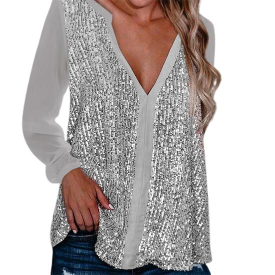 Пуловер большого размера с шеей Мягкие блестящие пайетки V с длинным рукавом Свободный дышащий средней длины Сплошной цвет Производительность