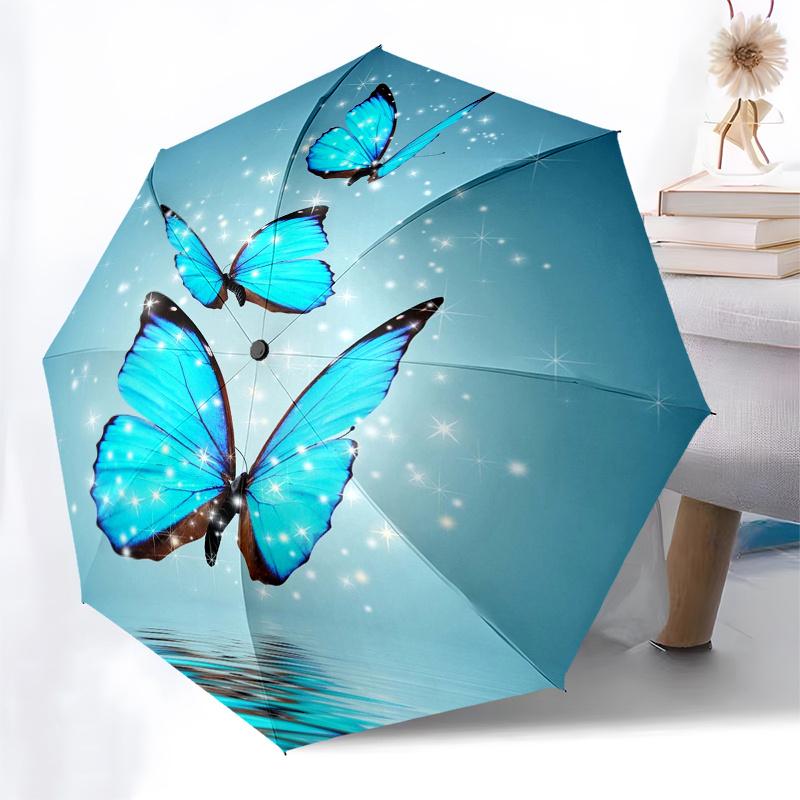 Blue Butterfly Wall Sticker, Sparkling Butterflies Home Decor Art MuralUmbrella, Cute Umbrella with Cute Design, Portable 3-Fold Compact Umbrella for