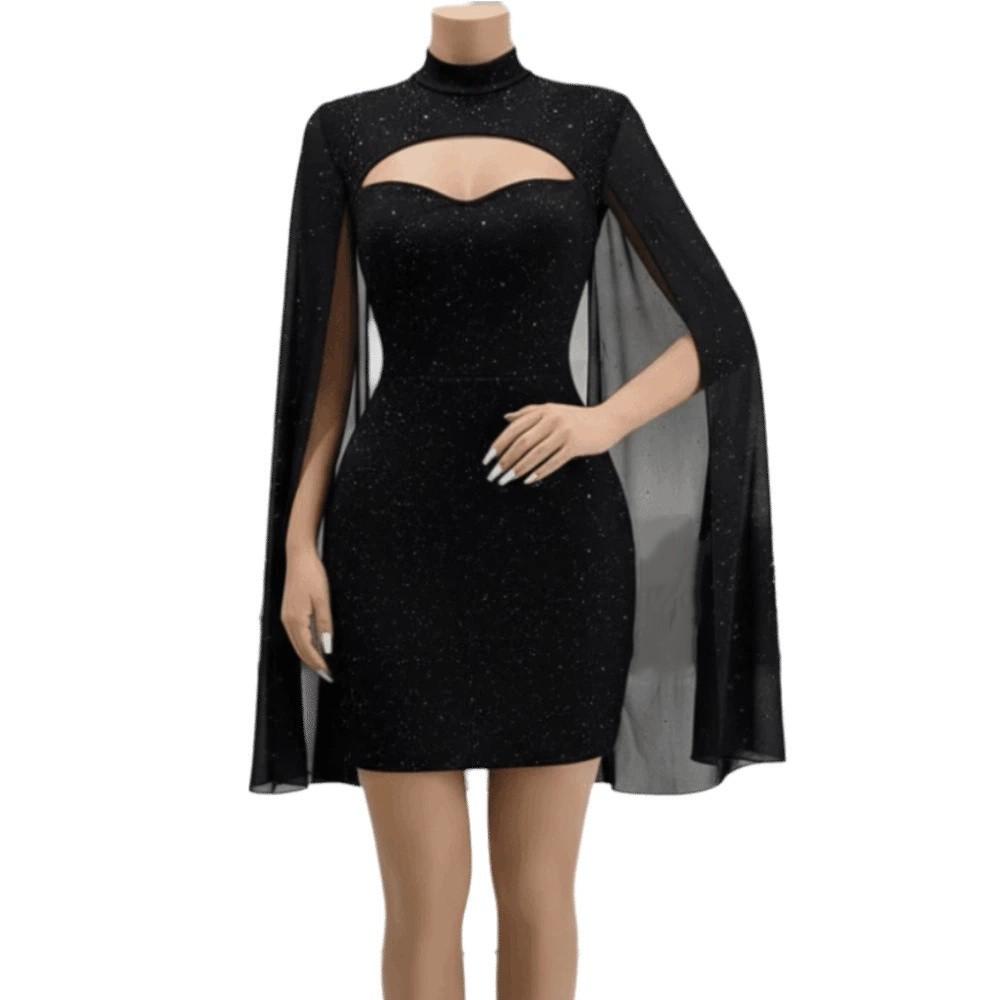 Sparkling Chiffon Cape Red Dress Half Neck Slim Evening Dress Ladies Girl