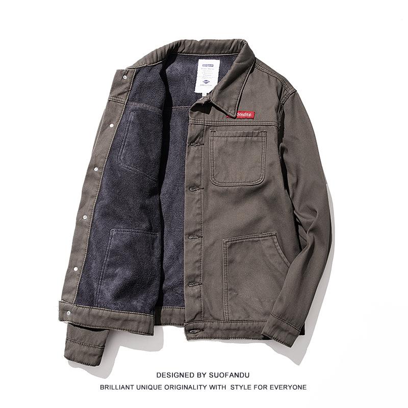«Мужская зимняя джинсовая куртка с бархатной подкладкой — японская ретро-рабочая одежда, корейский стиль, размер плюс, повседневный плотный верх»