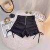 Женские шорты в корейском стиле с высокой талией, черные, на кулиске, приталенные, с широкими штанинами