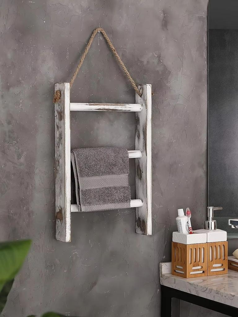 Деревянная 3-ярусная полка-лестница в деревенском французском стиле - Настенная вешалка для полотенец и шарфов с натуральной джутовой веревкой