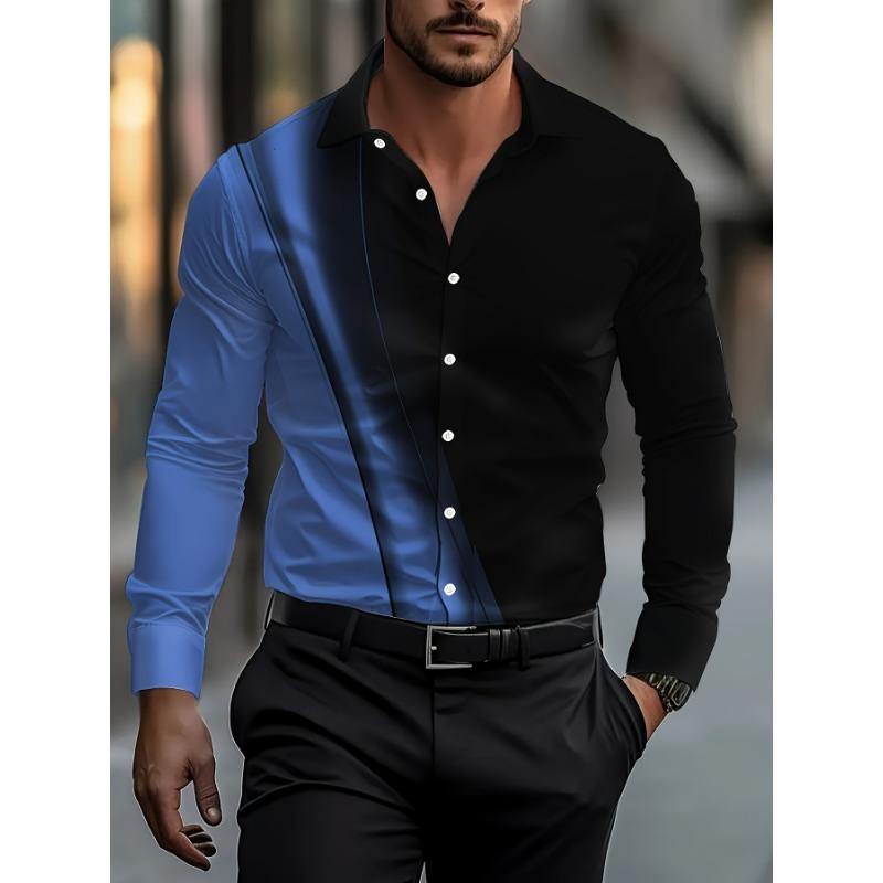 [С принтом в виде цветовых блоков] Мужская рубашка в стиле business casual с принтом в виде цветовых блоков | Официальная рубашка на пуговицах