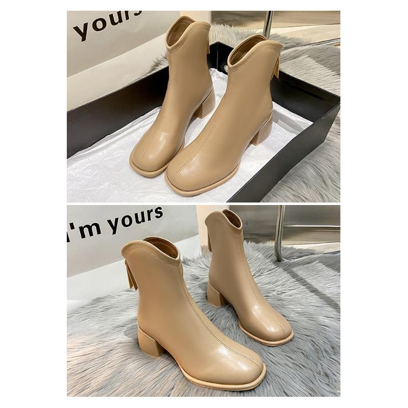 V-neck Short Boots for Women, Thick Heel, Square Toe, Back Zipper, Big Boots