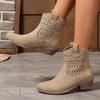 Women's Slip-On Chunky Low Heel Western Boots - Round Toe Synthetic Cover with Irregular Cut-Out Design, Beige Casual & Office Boots, All-Season