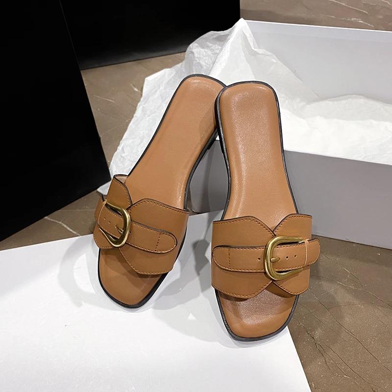 Summer Women Slippers Leather Square Toe Women Flats Flip Flops Designer Ladies Slides Sandals Women Shoes Luxury Sandals