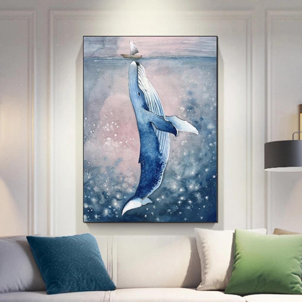 Исцеляющий большой кит поцелуи маленький корабль холст картины плакаты и принты настенная художественная картина для детской комнаты, настенный домашний декор