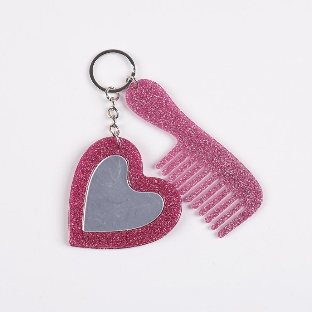 Mini Heart Makeup Mirror Comb Keychain Women Bag Pendant Simple Car Keyring Backpack Mobile Phone Decorative Jewelry Gifts