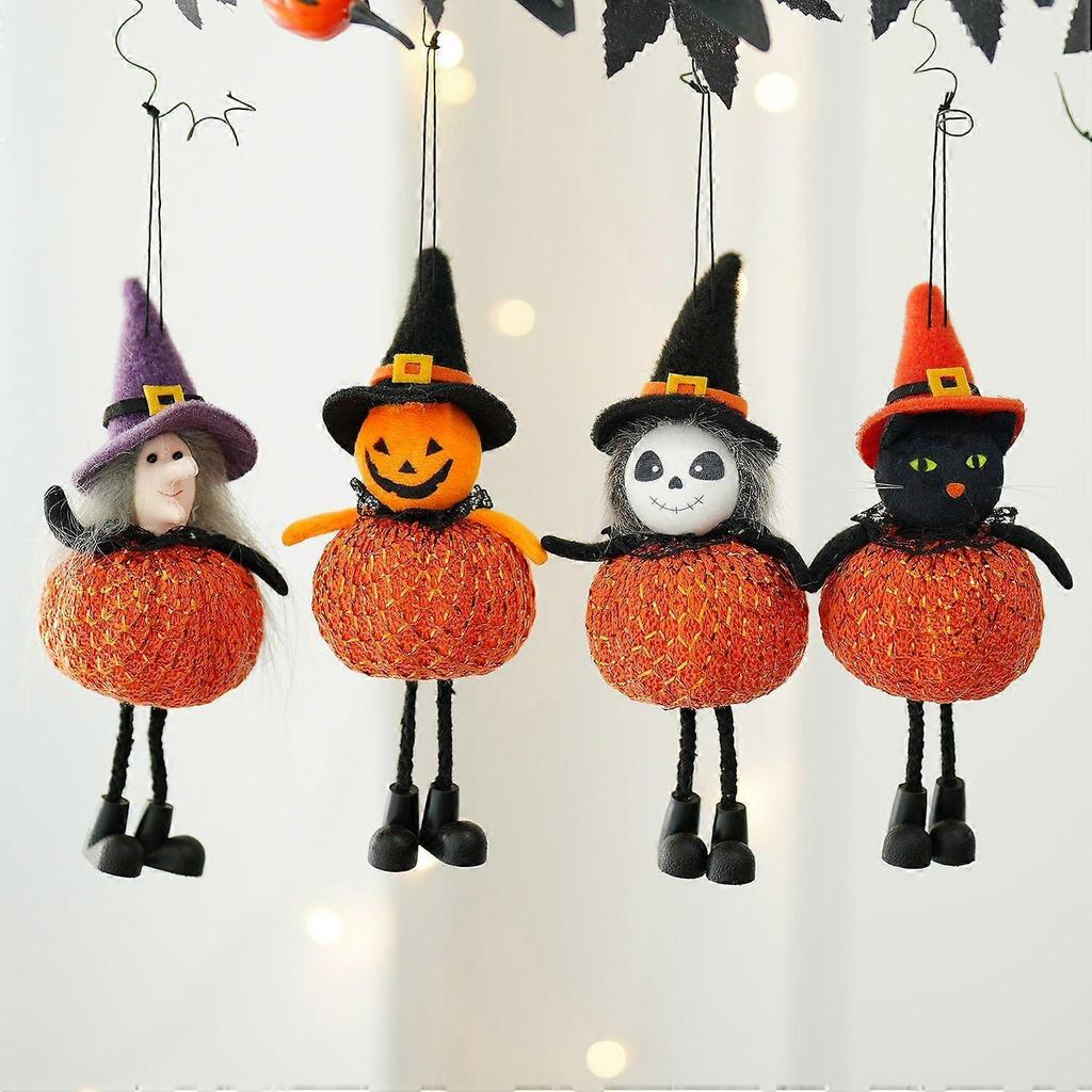 4PCS Halloween Decorations Gold-Threaded Pumpkin Witch Figurine Mini Hanging Ornaments