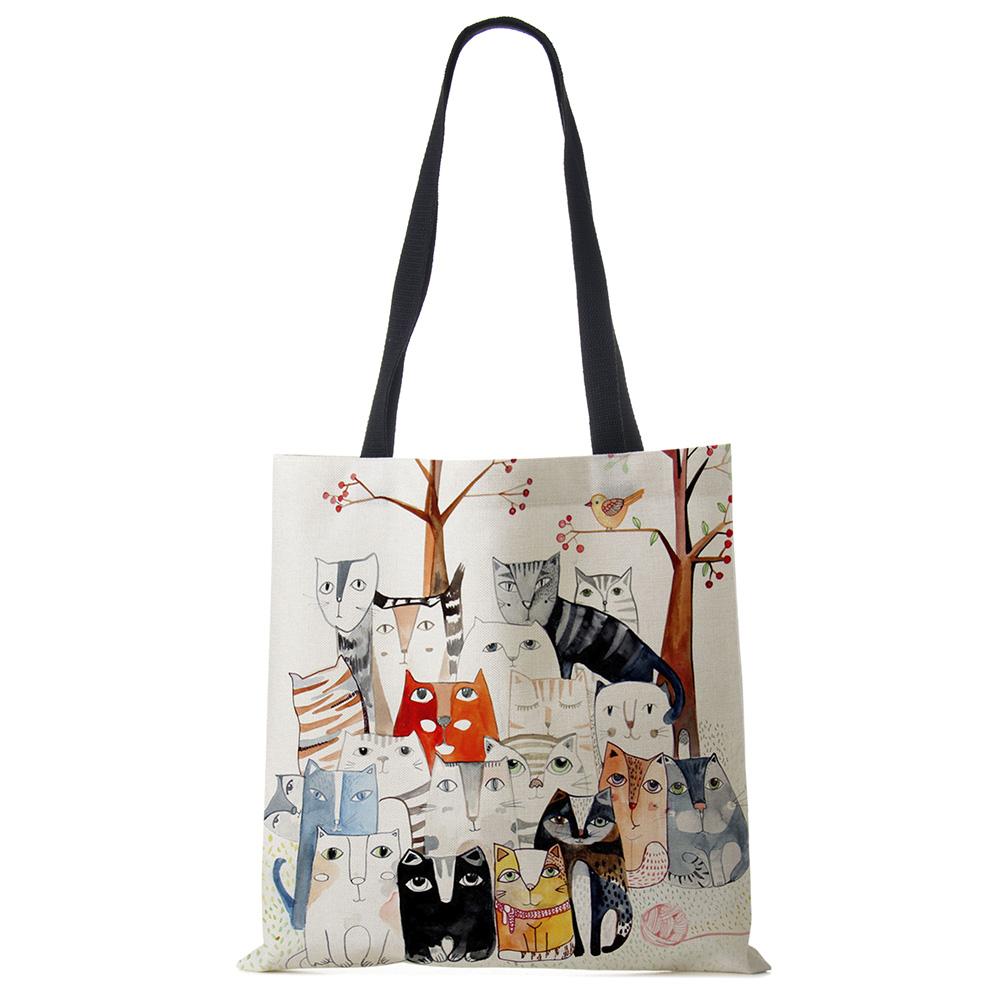 Милая Кавайная Мультяшная Аниме Кошка Принт Льняная Сумка-Тоут Женская Модная Сумка Школьная Дорожная Сумка Через Плечо Многоразовая KTY
