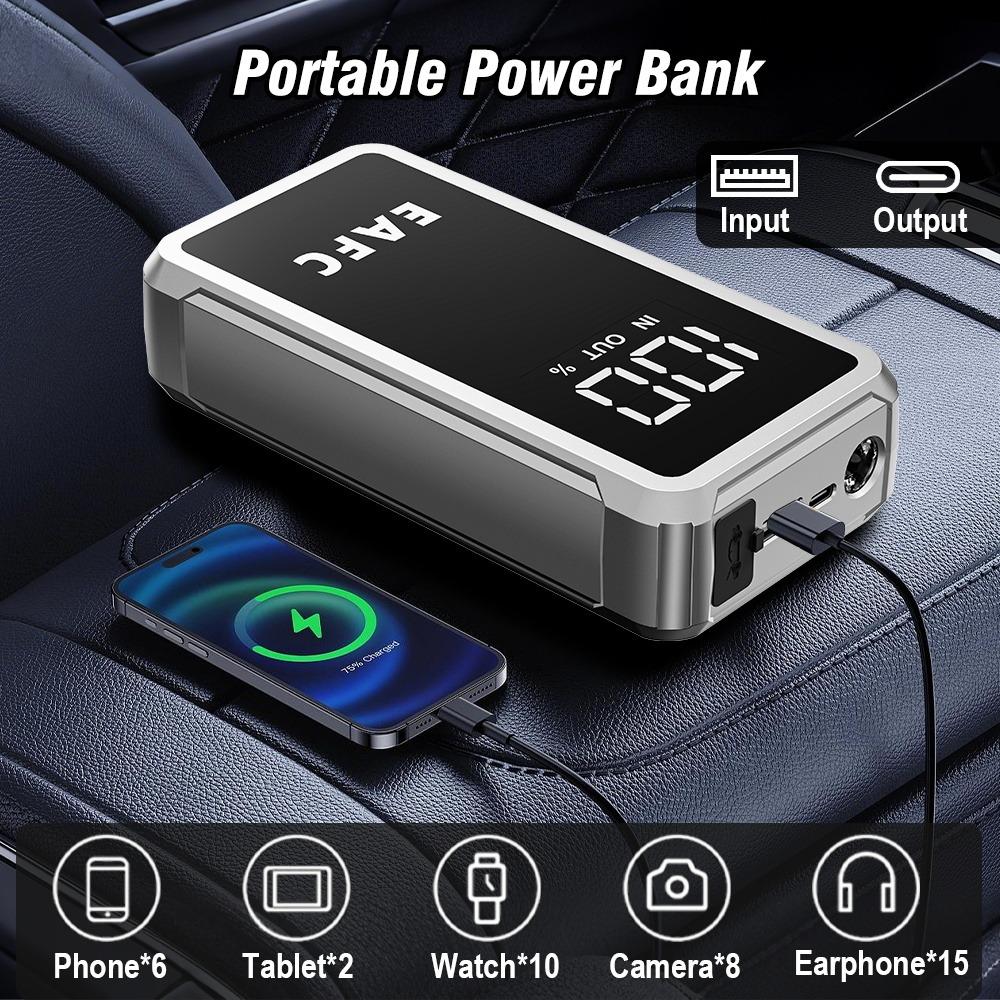 EAFC Портативный пуско-зарядное устройство для автомобиля 4000А Пик 12В, Power Bank, Инструмент для аварийного запуска автомобиля, для бензиновых двигателей до 10.0 л / дизельных до 6.0 л с умными зажимами
