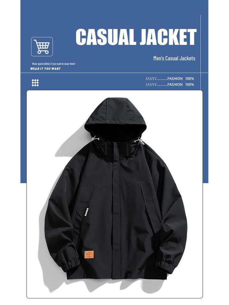 Мужская повседневная ветрозащитная куртка с капюшоном - свободный крой, эластичный шнурок, однотонный цвет, большой размер, модный верх