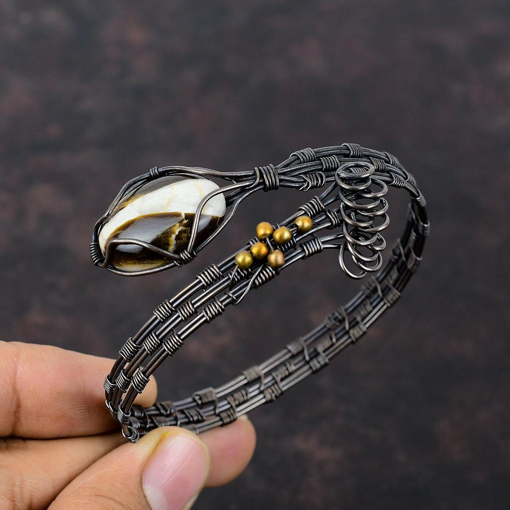 Браслет из арахисового дерева и яшмы, медная проволока, браслет-манжета, регулируемая манжета ручной работы, медная проволока, ювелирные изделия для подарков, ювелирные изделия с драгоценными камнями