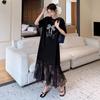 2025 Summer Plus Size Dress Women Lace Spliced Casual Vintage Dress Basic Elegant Loose Long Dress