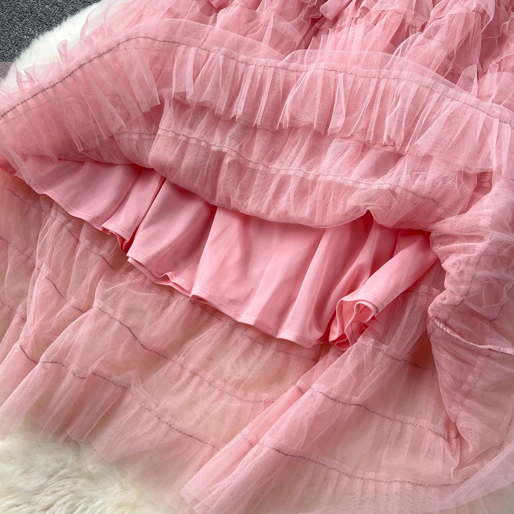 Nomikuma French Women Sweet Mesh Cake Dress Tie Up Waist Slimming Mid Length Elegant Long Cake Dresses 2024 Summer New Vestidos