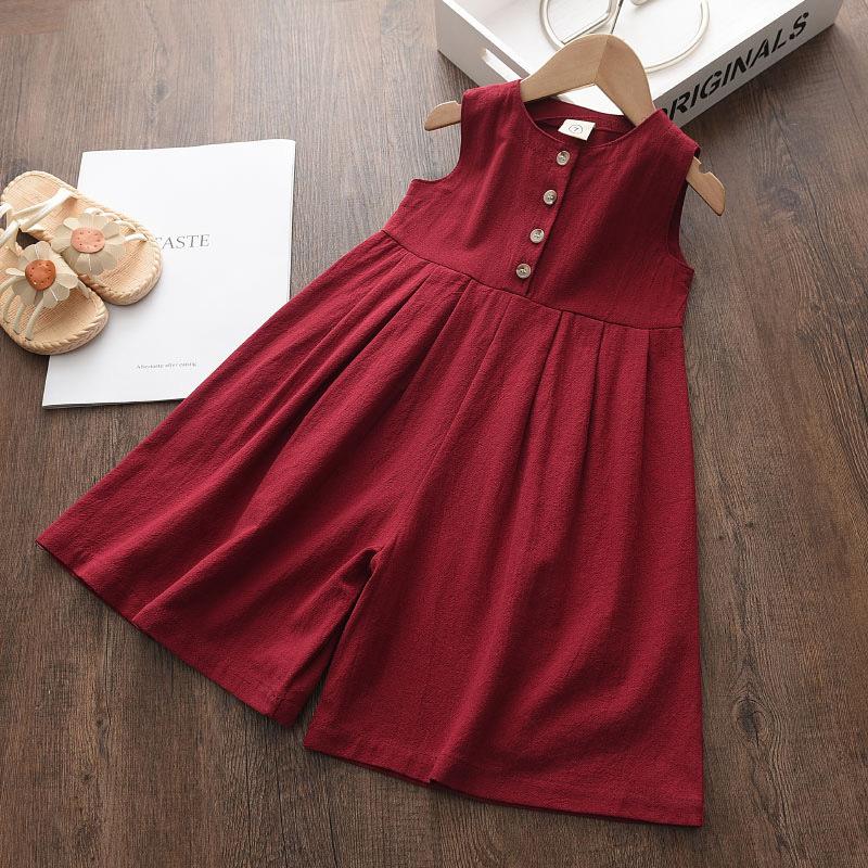 Girls Summer Solid Color Button Sleeveless Jumpsuit Midget Cotton Soft Jumpsuit
