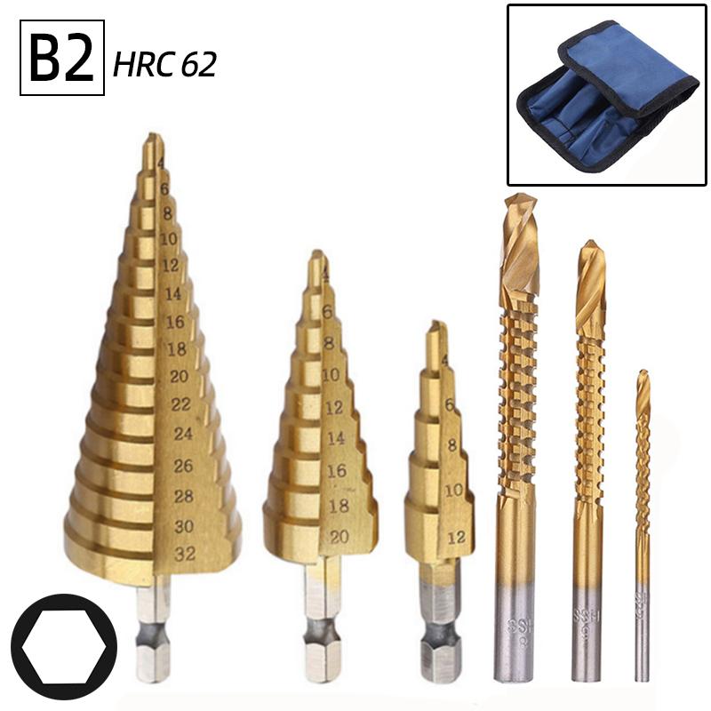 6Pcs HSS Steel Titanium Step Drill Bit Set 4-12/20/32mm Metal Hole Cutter Wood Cone Core Drilling Hole Saw Tool+3,6,8 Saw Drill
