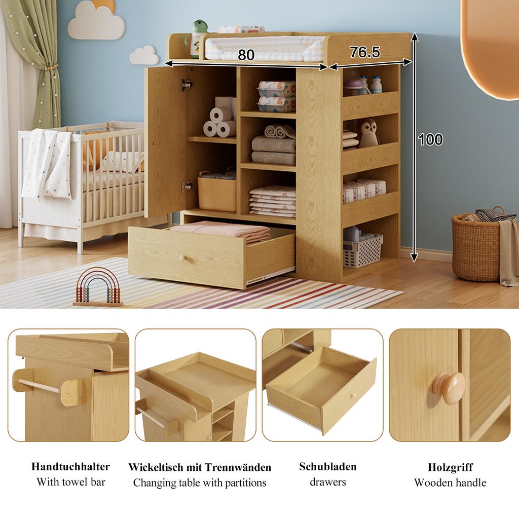 Changing dresser natural color, with drawer, cabinet & storage, towel holder, changing area with partitions, natural wood design