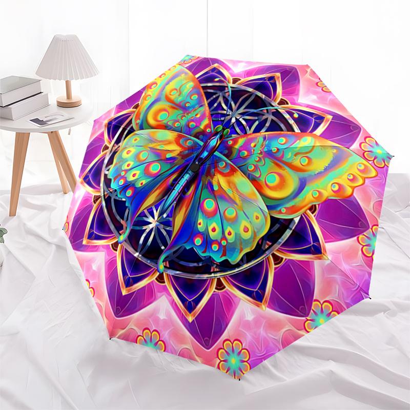 Colorful Butterfly Mandala Automatic Opening Rain Umbrella Portable Folding Design with 8 Bone Iron Frame,Outdoor Umbrella for Festivals,