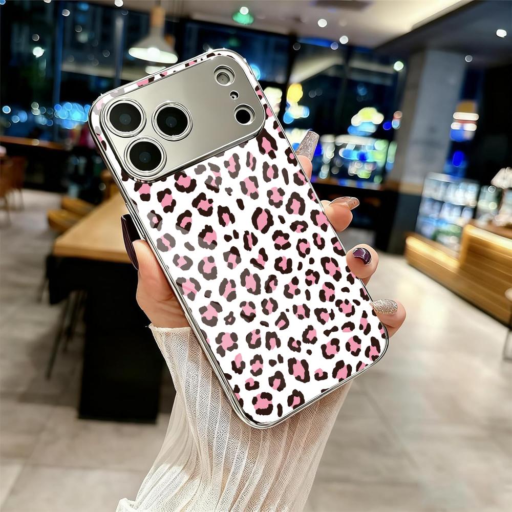 Fashion Leopard Cute Phone Case For iPhone 17 16 15 14 13 12 Pro Max Plus Electroplated Metal Shockproof Bumper Case Glass Back
