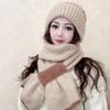 Two-Tone Knit Fleece Scarf Hat with Buttoned Earflaps and Velvet Wool Lining