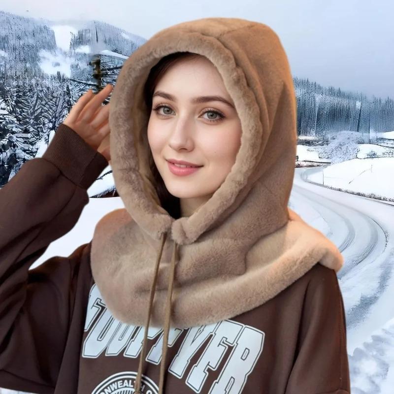 Fashion Autumn and Winter Thickened for Keep Warmth One-Piece Scarf Hat Women Ear Protection Plush Fluffy Shawl No Eaves Hat